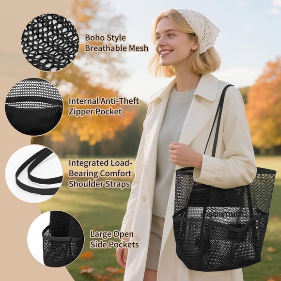 Women's Black Beach Tote Bags Causal Pool Bags For Mom Travel Swimming Vacations - Picture 5 of 6